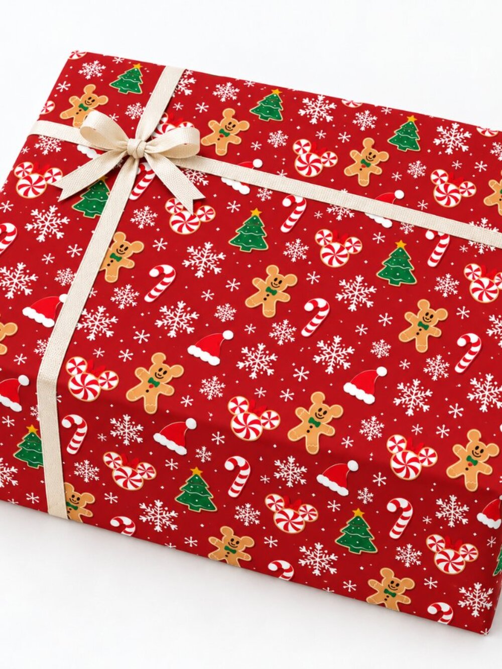Red Christmas Wrapping Paper, Gingerbread Cookies, Candy Canes and Christmas Tre